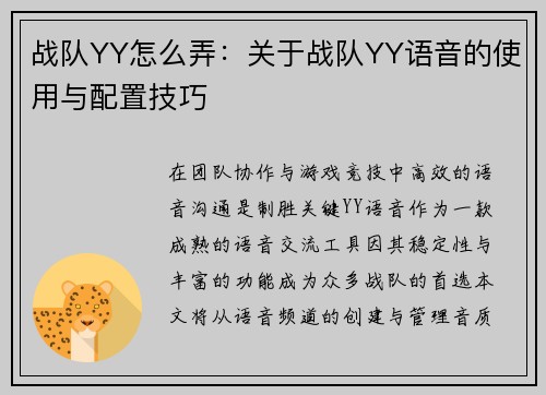 战队YY怎么弄：关于战队YY语音的使用与配置技巧