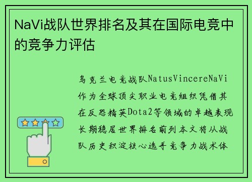 NaVi战队世界排名及其在国际电竞中的竞争力评估